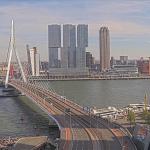 A water taxi passes by a busy terrace below the Erasmus Bridge in Rotterdam on a sunny day. 8 Apr. 2026