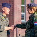 Crown Princess Amalia of the Netherlands shakes hands with Royal Netherlands Air Force Commander Lt. Gen. André Steur during an introductory meeting for her military internship through the Defensity College program in The Hague. April 8, 2026