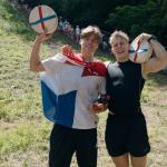 Dutch Niels Wennemars and German Tom Kopke, two of the winners of the Cooper’s Hill cheese rolling championship in Gloucester, England. 25 May 2026