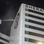 The fire brigade fighting a fire in the logo of the Sheraton Hotel at Schiphol Airport, 1 May 2026