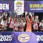 PSV players celebrate with the championship trophy after the Women’s Eredivisie match between PSV and ADO Den Haag at TenCate Stadion De Herdgang on May 8, 2026, in Eindhoven, the Netherlands.