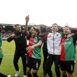 Noe Lebreton of NEC Nijmegen and Dirk Proper of NEC Nijmegen celebrate qualifying for European football during the Dutch Eredivisie match between NEC Nijmegen and Go Ahead Eagles at De Goffert on May 17, 2026, in Nijmegen, the Netherlands.