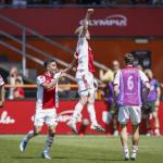 Ajax players Maher Carrizo, Lucas Rosa, Davy Klaassen and Youri Regeer celebrate Klaassen’s 1-0 goal during the Conference League playoff final against FC Utrecht at Kras Stadium on May 24, 2026, in Volendam, Netherlands.