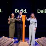 King Willem-Alexander, climate minister Stientje van Veldhoven and Gasunie CEO Willemien Terpstra at the opening of the first section of the Netherlands’ hydrogen pipeline network in Rotterdam. May 21, 2026