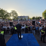 PVV leader Geert Wilders addressing a crowd of anti-asylum protesters in Uithoorn, telling them that “our people are being replaced” and advocating for “repatriation.” 28 May 2026