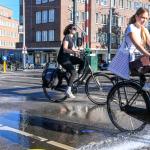 Cyclists on an Amsterdam road kept wet to cool it down during a heatwave