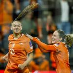 Romée Leuchter and Wieke Kaptein of the Netherlands celebrate the 2-0 goal during the Women's World Cup qualifying match between the Netherlands and Poland at Erve Asito Stadium in Almelo, the Netherlands, on June 9, 2026.