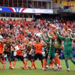 Netherlands players celebrate their victory after the 2026 FIFA World Cup Group F match between Tunisia and the Netherlands at Kansas City Stadium on June 25, 2026, in Kansas City, United States.