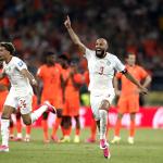 Morocco's Neil El Aynaoui (l) and Noussair Mazraoui celebrate their penalty shootout victory over the Netherlands in Monterrey, Mexico. 29 June 2026