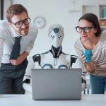AI in the workplace concept: Office workers working with a robot