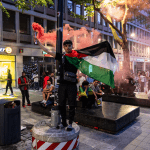 Morocco fans gathered on Stadhuisplein in Rotterdam to watch the Morocco-France quarter-final match in the FIFA World Cup, 9 July 2026