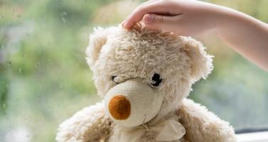 Cropped view of child touching teddy bear near blurred window with raindrops