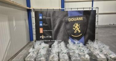 Dutch customs display a pallet of 400 kilograms of cocaine seized from a shipment of bananas at the port of Vlissingen on March 6, 2026
