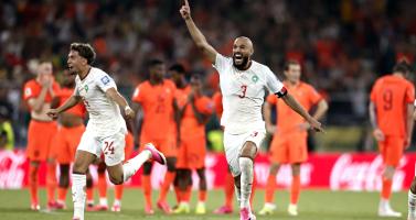 Morocco's Neil El Aynaoui (l) and Noussair Mazraoui celebrate their penalty shootout victory over the Netherlands in Monterrey, Mexico. 29 June 2026
