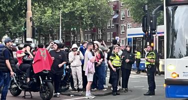 Football fans gather in Amsterdam-Oost to celebrate Morocco’s World Cup victory over Canada. 4 July 2026